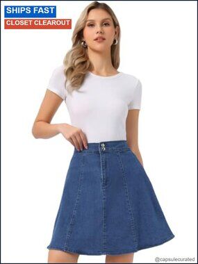 Washed Denim High Waist A-Line Flared Pleated Jean Skirt